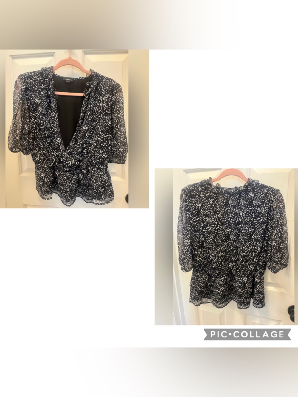 $ FIRM - EUC Express Sheer Ruffled Peplum Blouse - Black/Blue/White - Sz Medium